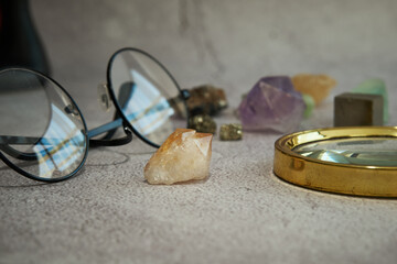 crystals on the explorer's desk close up