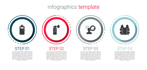 Set Police assault shield, Pepper spray, Protest and Bulletproof vest. Business infographic template. Vector.