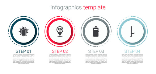 Set Hand grenade, Location peace, Police assault shield and rubber baton. Business infographic template. Vector.