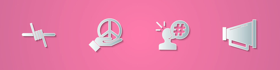 Set paper cut Barbed wire, Peace, Protest and Megaphone icon. Paper art style. Vector.