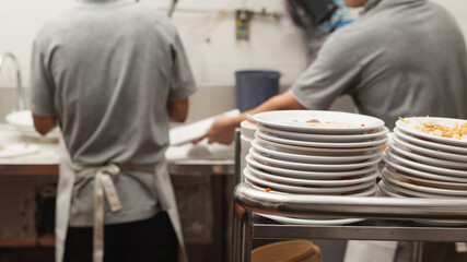 Man washing dish in sink