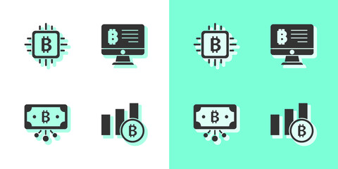 Set Pie chart infographic bitcoin, CPU mining farm, Bitcoin with circuit and Mining from monitor icon. Vector.