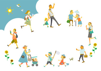 夏を迎えた様々な世代のな人々　ベクターでは人物はそれぞれ動かせます