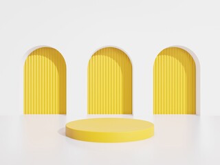 3d render - yellow podium minimal on yellow background, Display for cosmetic perfume fashion natural product, simple clean design, luxury minimalist mockup.