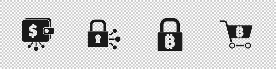 Set Cryptocurrency wallet, Lock with bitcoin, and Shopping cart icon. Vector.