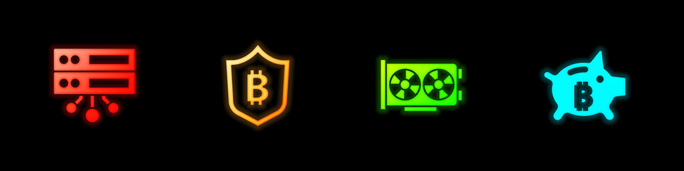 Set Server, Shield with bitcoin, Video graphic card and Piggy bank icon. Vector.