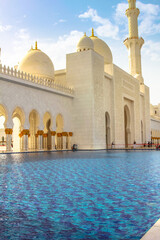 Abu Dhabi, United Arab Emirates - April 22, 2013: front and entrance of Sheikh Zayed Grand Mosque,...
