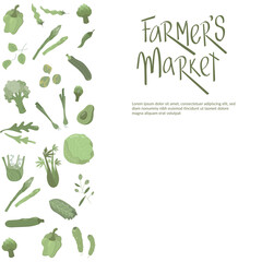Farmers market handwritten sign with flat green vegetables set in boho colors. No pattern. Vector stock illustration isolated on white background for packaging design, price list. EPS10
