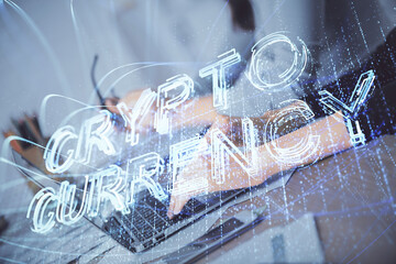 Double exposure of woman hands typing on computer and crypto market theme hologram drawing. Blockchain concept.