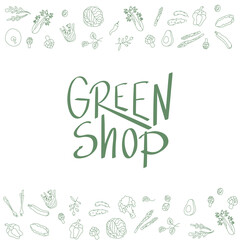Green shop sign with outline vegetables frame for price list. Handwritten lettering fresh font for signboard, window door stickers. Vector stock illustration isolated on white background. EPS10