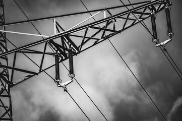 power poles and wires black and white close up shot