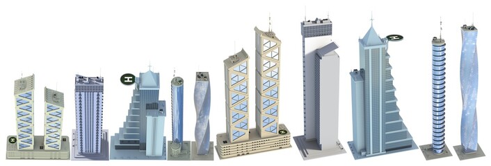 Fototapeta na wymiar 10 top view highly detailed renders of fictional design abstract tall buildings with blue sky reflections - isolated, 3d illustration of architecture