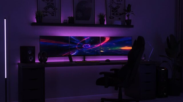 Games room with a cyber gamer computer. 3d animation of neon lighting