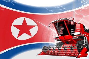 Digital industrial 3D illustration of red advanced farm combine harvester on North Korea flag - agriculture equipment innovation concept