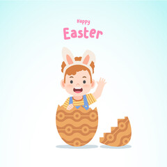 A boy wearing rabbit ears emerged from a merrily decorated brown egg, Easter egg, illustration vector, kids concept