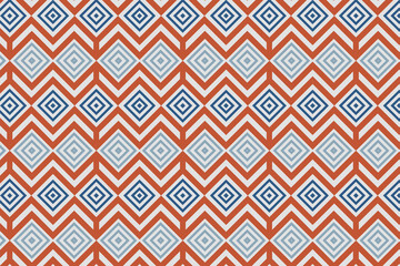 Seamless square pattern with rhombus and diagonal lines. Abstract geometric background. Combination three colors are blue, red and grey. Vector illustration.