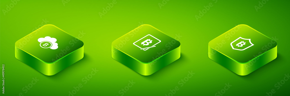 Poster set isometric mining bitcoin from tablet, shield with and cryptocurrency cloud mining icon. vector.