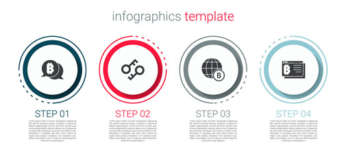 Set Bitcoin, Cryptocurrency key, Globe and browser. Business infographic template. Vector.