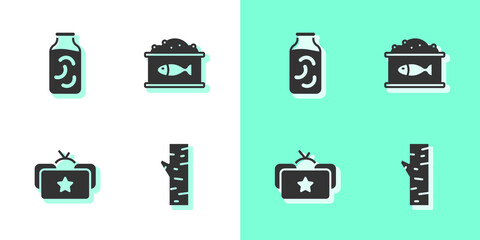 Set Birch tree, Pickled cucumbers in a jar, Ushanka and Tin can with caviar icon. Vector.