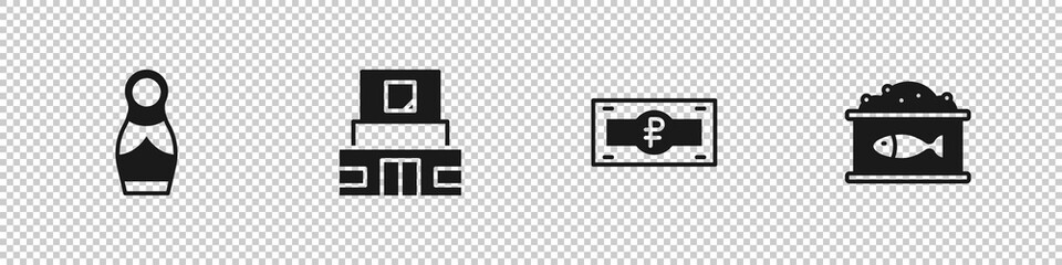 Set Russian doll matryoshka, Mausoleum of Lenin, ruble banknote and Tin can with caviar icon. Vector.