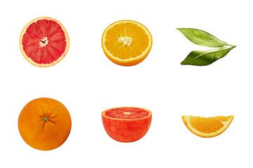 Set of citrus fruits isolated on a white background. Close-up. Orange. Grapefruit. Orange leaves.