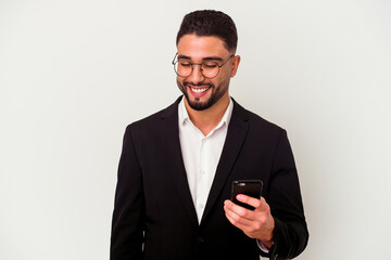 Young mixed race business man holding a mobile phone man isolated on white background