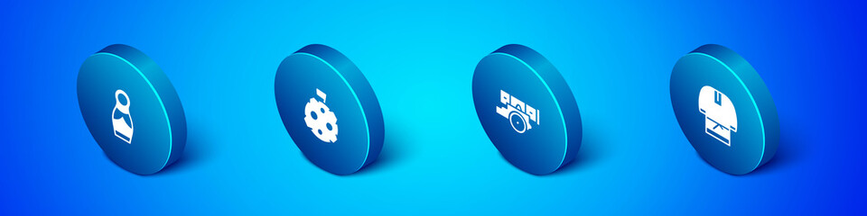 Set Isometric Russian doll matryoshka, Cannon, Kosovorotka and Moon with flag icon. Vector.