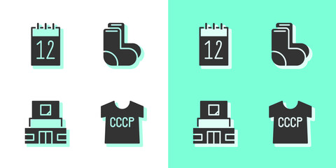 Set USSR t-shirt, Calendar 12 june, Mausoleum of Lenin and Valenki icon. Vector.