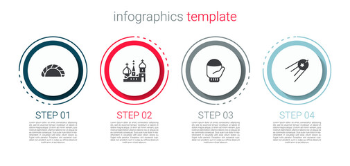 Set Dumpling, Saint Basil's Cathedral, Christmas mitten and Satellite. Business infographic template. Vector.