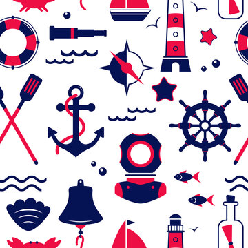 Seamless texture from sailing elements. Pattern, abstract background, wallpaper. Nautical collection, marine travel icons.