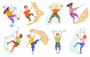 Children climbing mountain wall set. Boys and girls climbers training indoors. Vector illustration for mountaineering, extreme sport, leisure activities