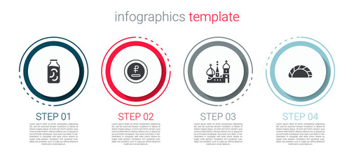 Set Pickled cucumbers in a jar, Rouble, ruble currency, Saint Basil's Cathedral and Dumpling. Business infographic template. Vector.