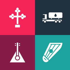 Set pop art Kankles, Balalaika, Tanker truck and Christian cross icon. Vector.