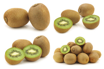 fresh kiwi fruit and some cut ones on a white background