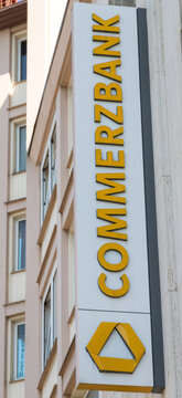 Hildesheim, Germany - April 23, 2020: logo and inscription of Commerzbank, a branch bank in Hildesheim