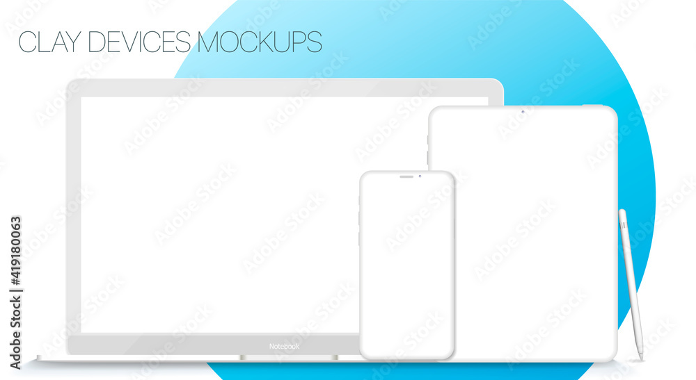 Poster set of modern clay devices mockups: laptops, tablet computer. vector illustration