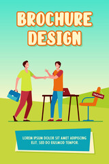 Employer hiring candidate. Men shaking hands at vacant workplace flat vector illustration. Employment, job, career concept for banner, website design or landing web page