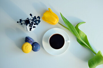 White cup of coffee, multicolored macaroons, yellow tulip flower on white background, top view 