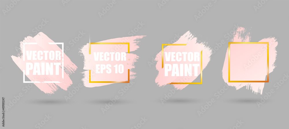 Poster Pastel pink brush strokes set with round, square and rectangle golden frames isolated on white background. Vector design elements
