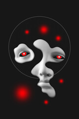 Antique sculpture of woman face surreal collage in pop art style. Modern image with cut details of statue head. Red eyes. Dark concept. Zine culture. Contemporary art poster. Funky retro minimalism.
