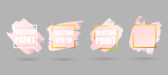 Pastel pink brush strokes set with round, square and rectangle golden frames isolated on white background. Vector design elements