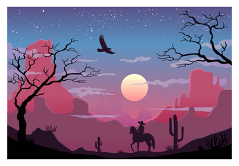Desert with mountains and cactus. Vector color illustration