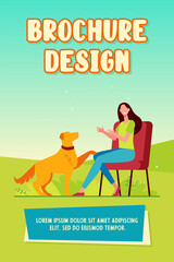 Happy woman training dog and sitting on chair. Canine, friend, retriever flat vector illustration. Domestic animals and pets concept for banner, website design or landing web page