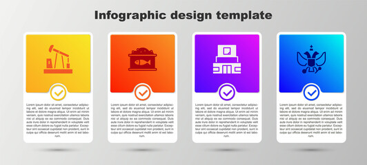 Set Oil pump or pump jack, Tin can with caviar, Mausoleum of Lenin and National emblem Russia. Business infographic template. Vector.