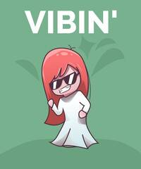 cute cartoon little girl with red hair using glasses and start vibin listening to the music. suited for podcast album cover, spotify, sale, advertising, postcard, vector, wallpaper, etc.
