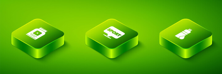 Set Isometric Location gym, Fitness shaker and Sports nutrition icon. Vector.