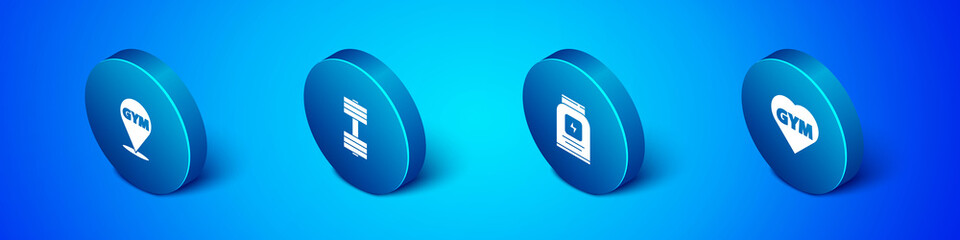 Set Isometric Location gym, Sports nutrition, Fitness heart and Dumbbell icon. Vector.