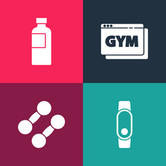 Set pop art Smartwatch, Dumbbell, Online fitness and training and Fitness shaker icon. Vector.