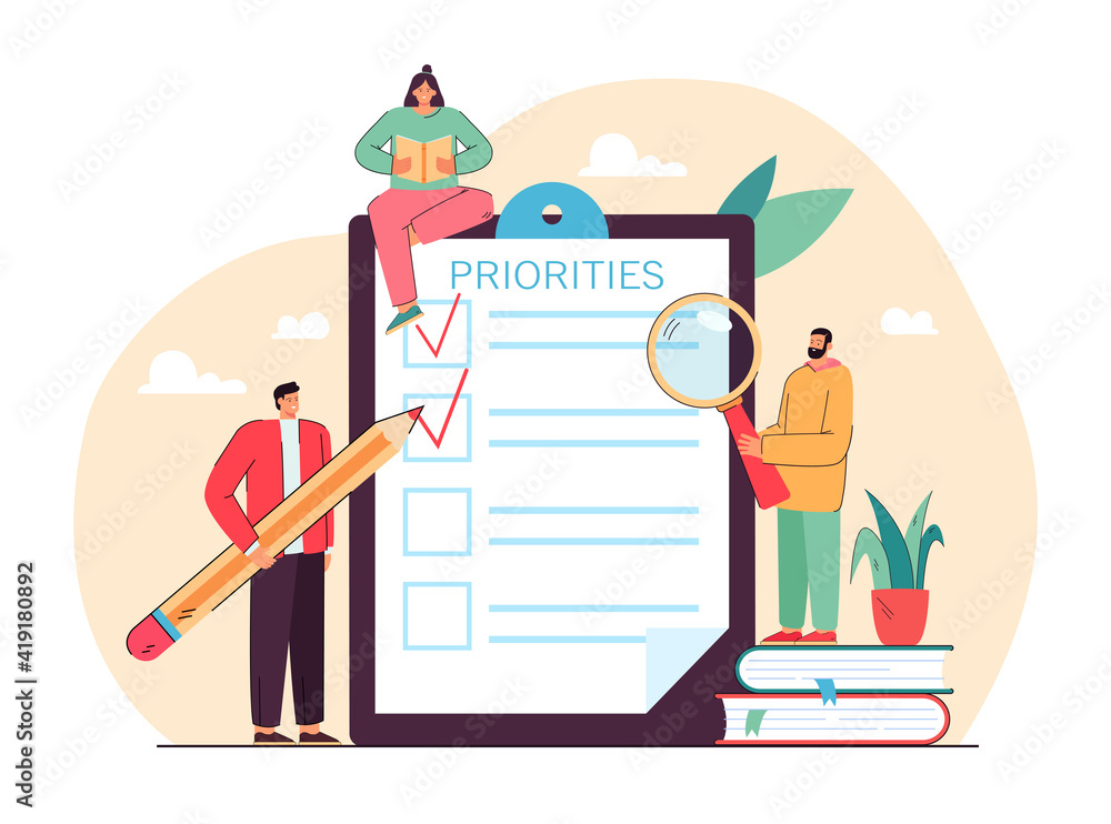 Poster tiny people doing priorities checklist flat vector illustration. cartoon characters prioritizing imp