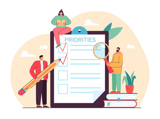 Tiny people doing priorities checklist flat vector illustration. Cartoon characters prioritizing important tasks and making notes. Work planning and management concept